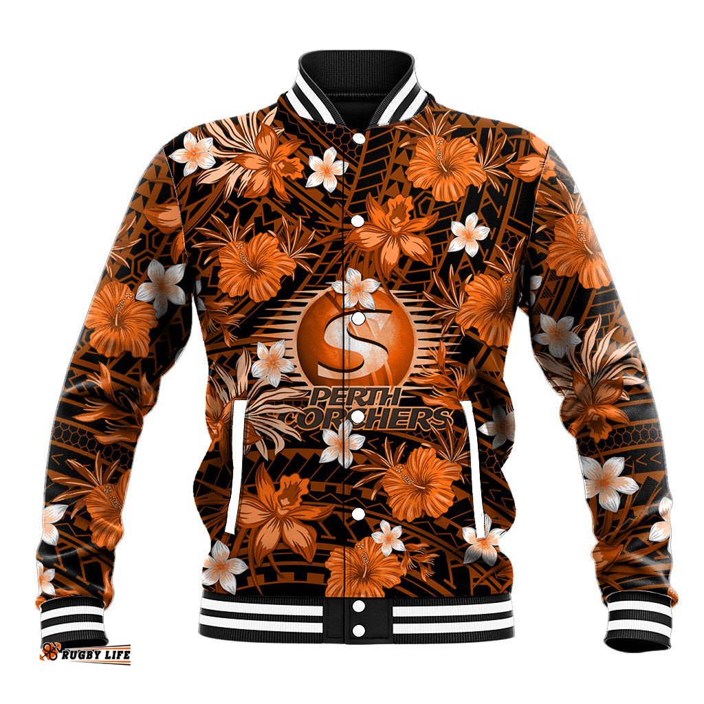 Australian Scorchers Cricket Baseball Jacket Baeuty Pacific Hibiscus and Polynesian Pattern