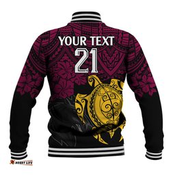 Custom Broncos Rugby Baseball Jacket Brisbane Hibiscus and Turtle With Polynesian Pattern
