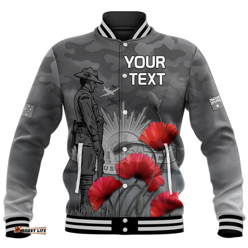Custom Personalised Remembrance Day Baseball Jacket Soldier Australian Army Rising Sun With Red Poppy