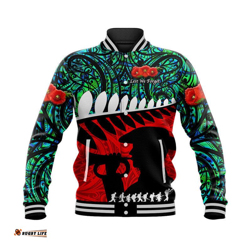 New Zealand Maori ANZAC Baseball Jacket Remembrance Soldier - Turquoise