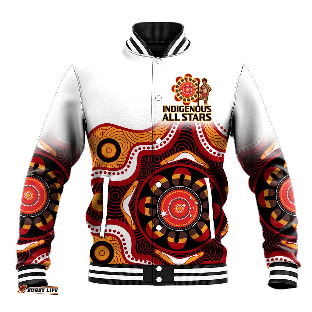 Custom Text And Number Australia Indigenous Rugby Baseball Jacket All Stars Aborigine Dreamtime White Version