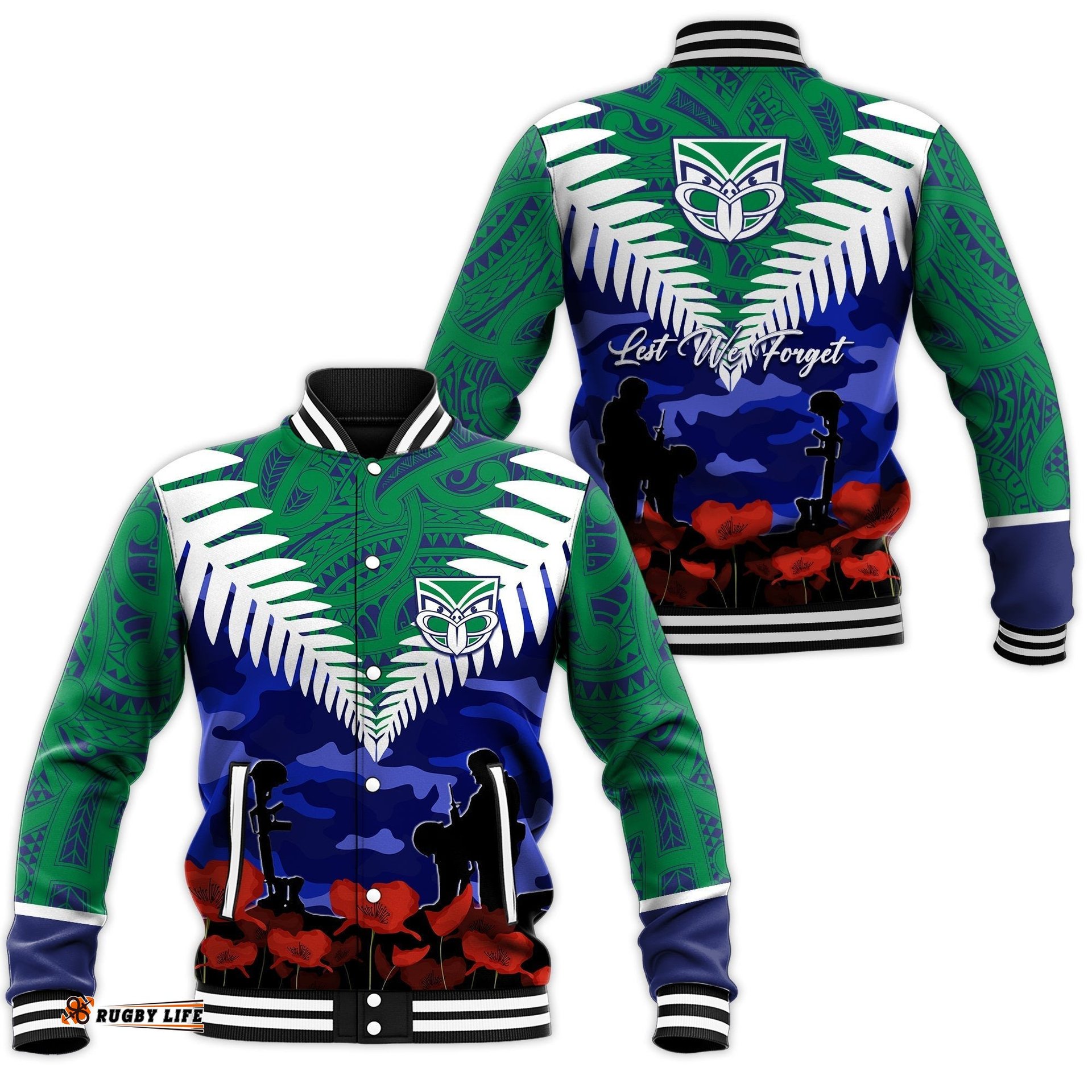 New Zealand Warriors Rugby Baseball Jacket Anzac Day Maori Mix Camouflage