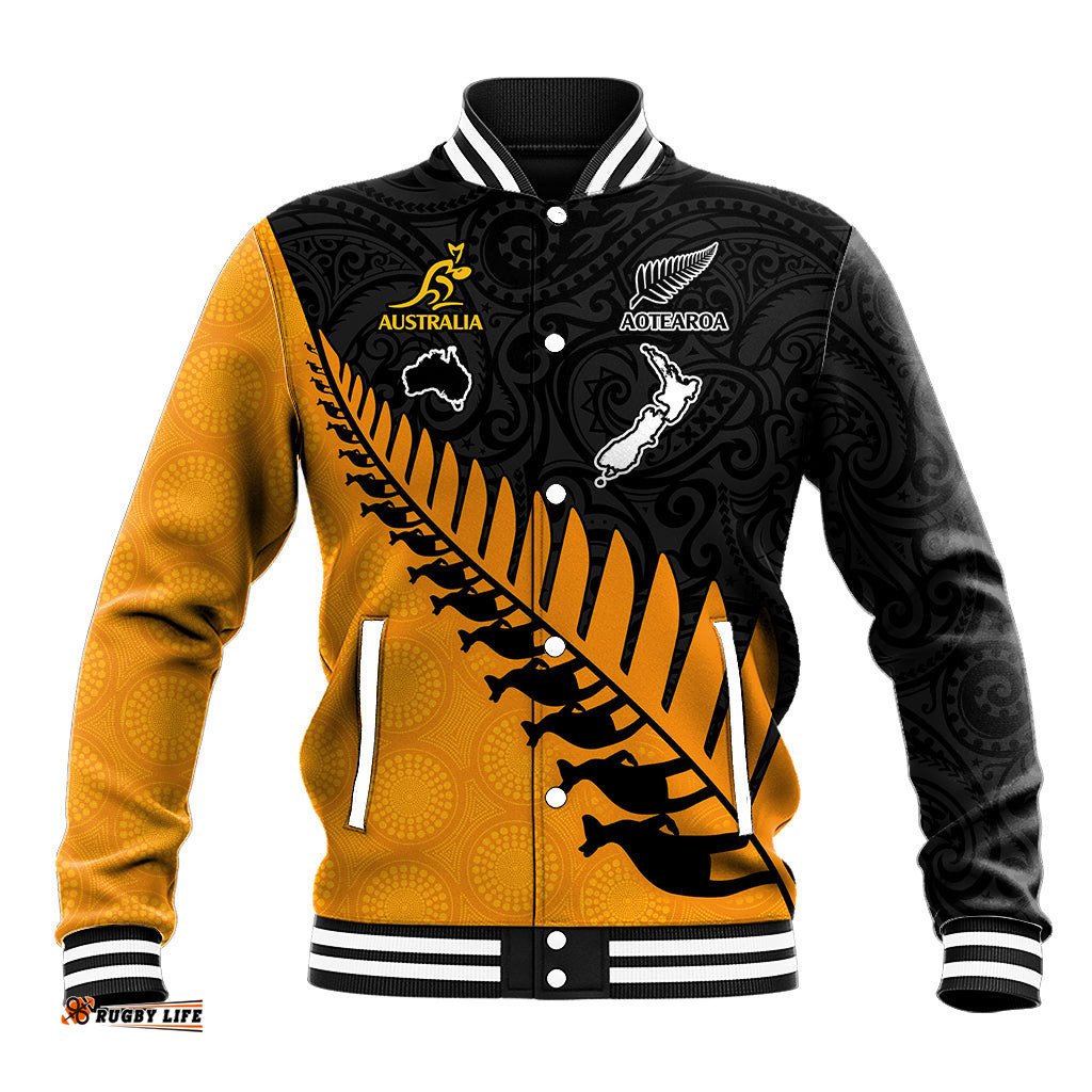 Australia Wallabies and Aotearoa Rugby Baseball Jacket Kangaroo Black Fern Maori Gold Vibe