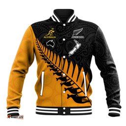 Australia Wallabies and Aotearoa Rugby Baseball Jacket Kangaroo Black Fern Maori Gold Vibe