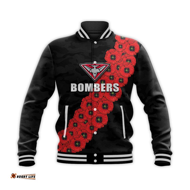 Custom Personalised AFL Bombers Baseball Jacket Anzac Day Poppy Flowers Jersey