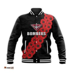 Custom Personalised AFL Bombers Baseball Jacket Anzac Day Poppy Flowers Jersey