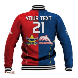 Custom Text And Number NRL Half Dolphins and Half Cowboys Rugby Baseball Jacket Sporty Style