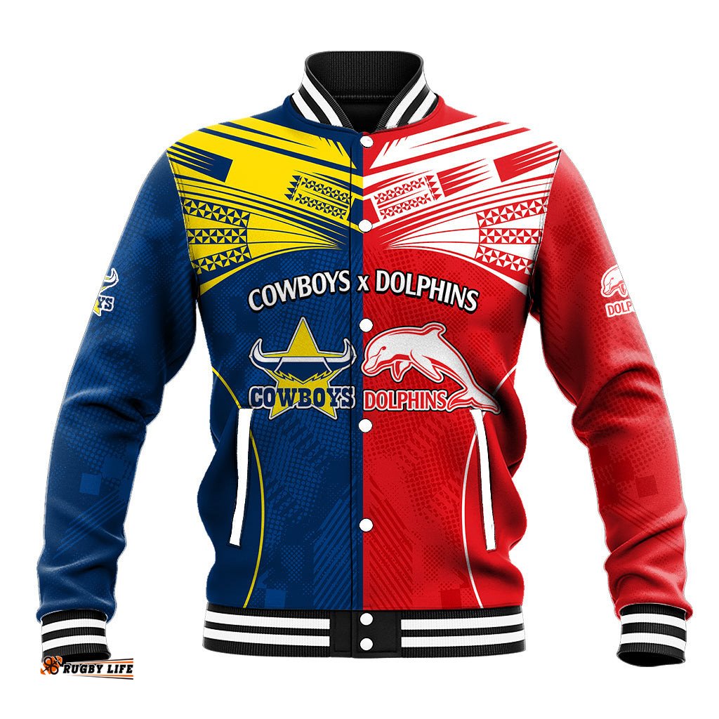 Custom Text And Number NRL Half Dolphins and Half Cowboys Rugby Baseball Jacket Sporty Style