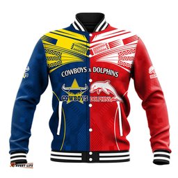 Custom Text And Number NRL Half Dolphins and Half Cowboys Rugby Baseball Jacket Sporty Style