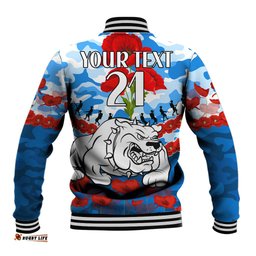 Custom Text And Number Bulldogs Rugby ANZAC Baseball Jacket Lest We Forget