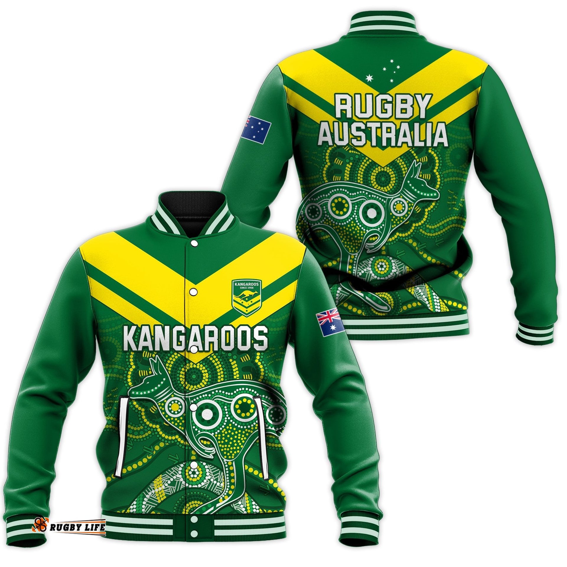 Australia Rugby Baseball Jacket Kangaroos Boomerang Aboriginal