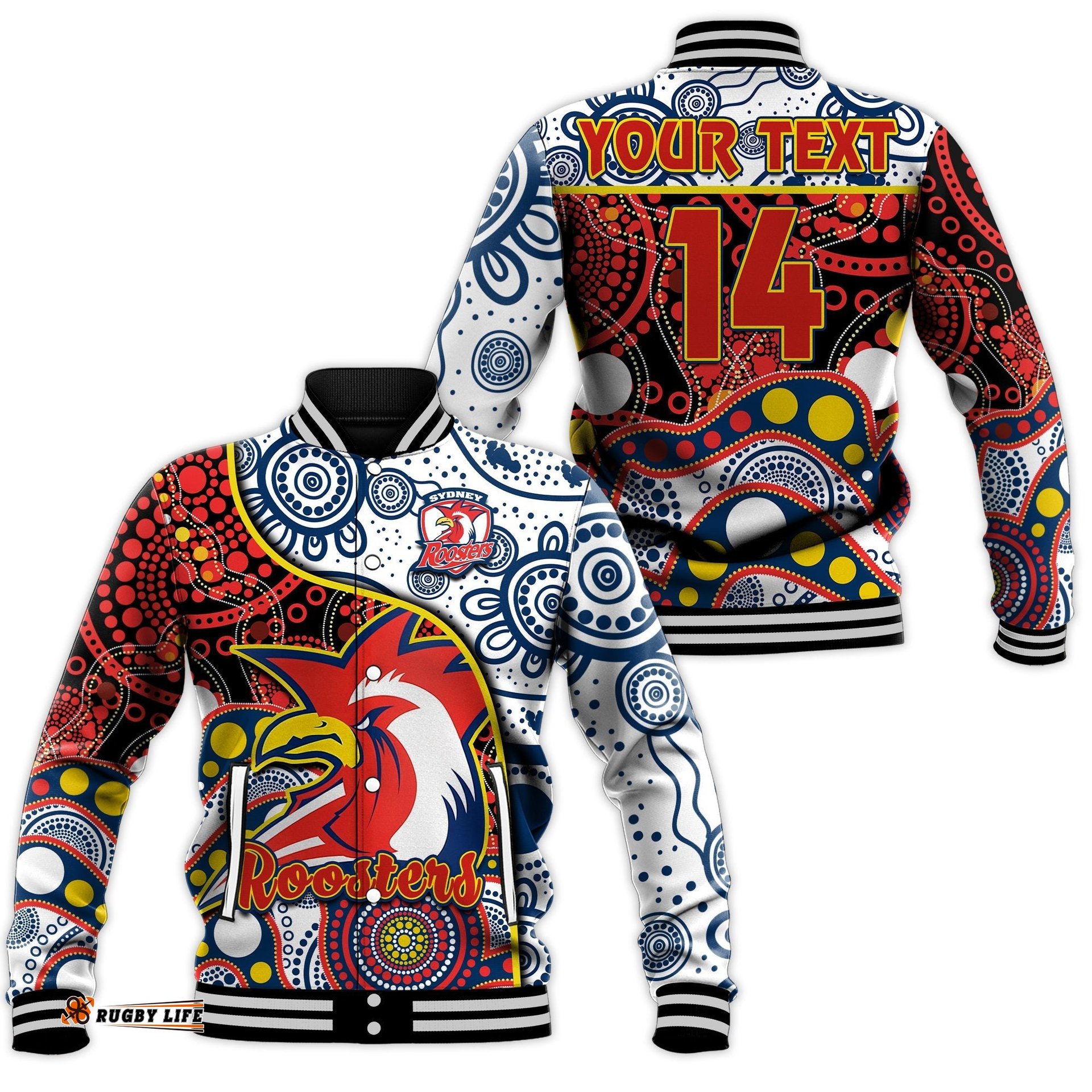 Custom Text And Number Roosters Rugby Baseball Jacket Easts 1908 Aboriginal Artsy Premiers