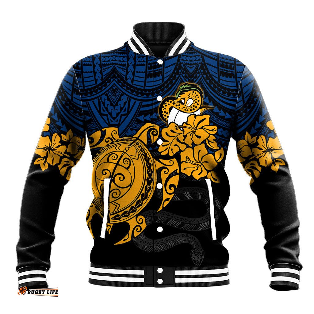 Custom Parra Eels Rugby Baseball Jacket Hibiscus and Turtle With Polynesian Pattern