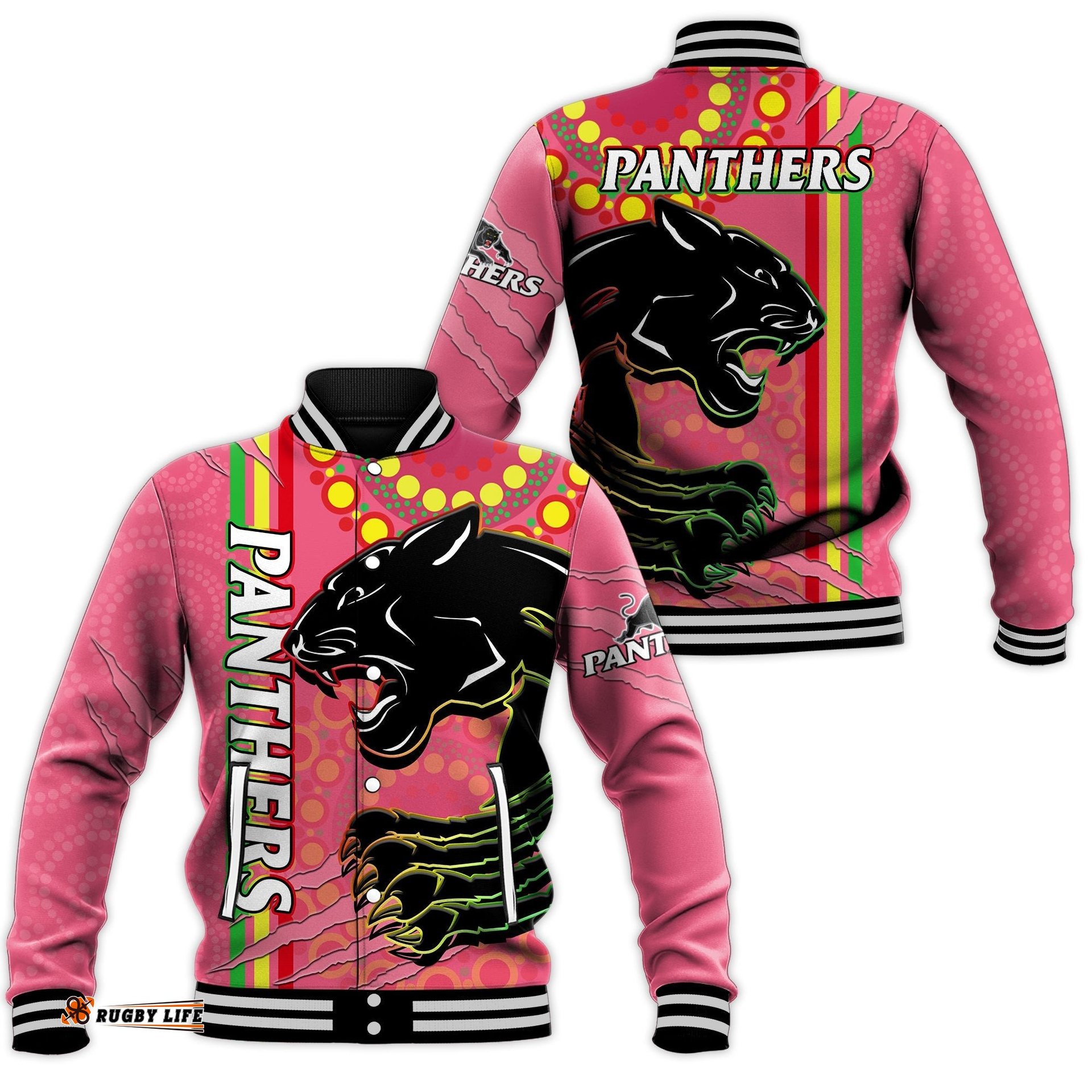 Panthers Rugby Baseball Jacket The Mountain Men Aboriginal Art Dynamic Pink Version