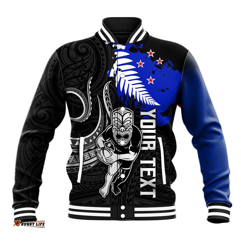 Personalised Aotearoa Rugby Baseball Jacket All Black Maori Fern