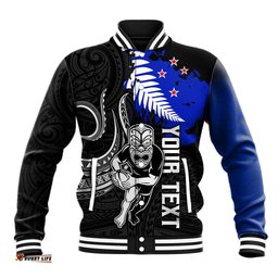 Personalised Aotearoa Rugby Baseball Jacket All Black Maori Fern