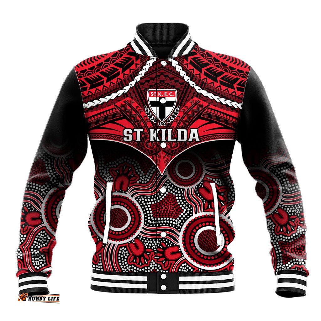 Personalised St Kilda Football Baseball Jacket Saints Aboriginal Mix Polynesian Pattern