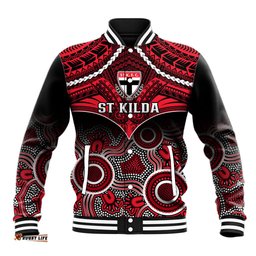 Personalised St Kilda Football Baseball Jacket Saints Aboriginal Mix Polynesian Pattern