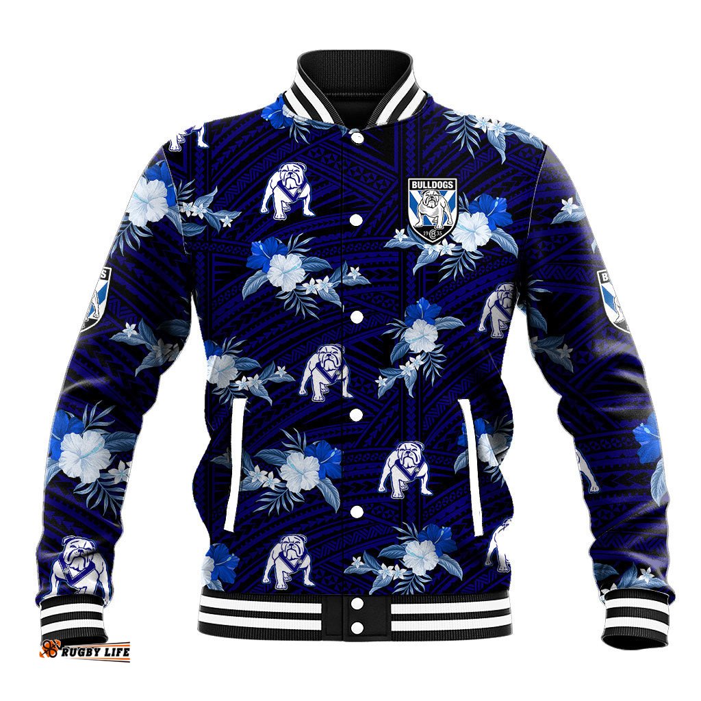 Custom Text And Number Bulldogs Rugby Baseball Jacket Polynesian Tribal Mix Tropical Hawaiian Style