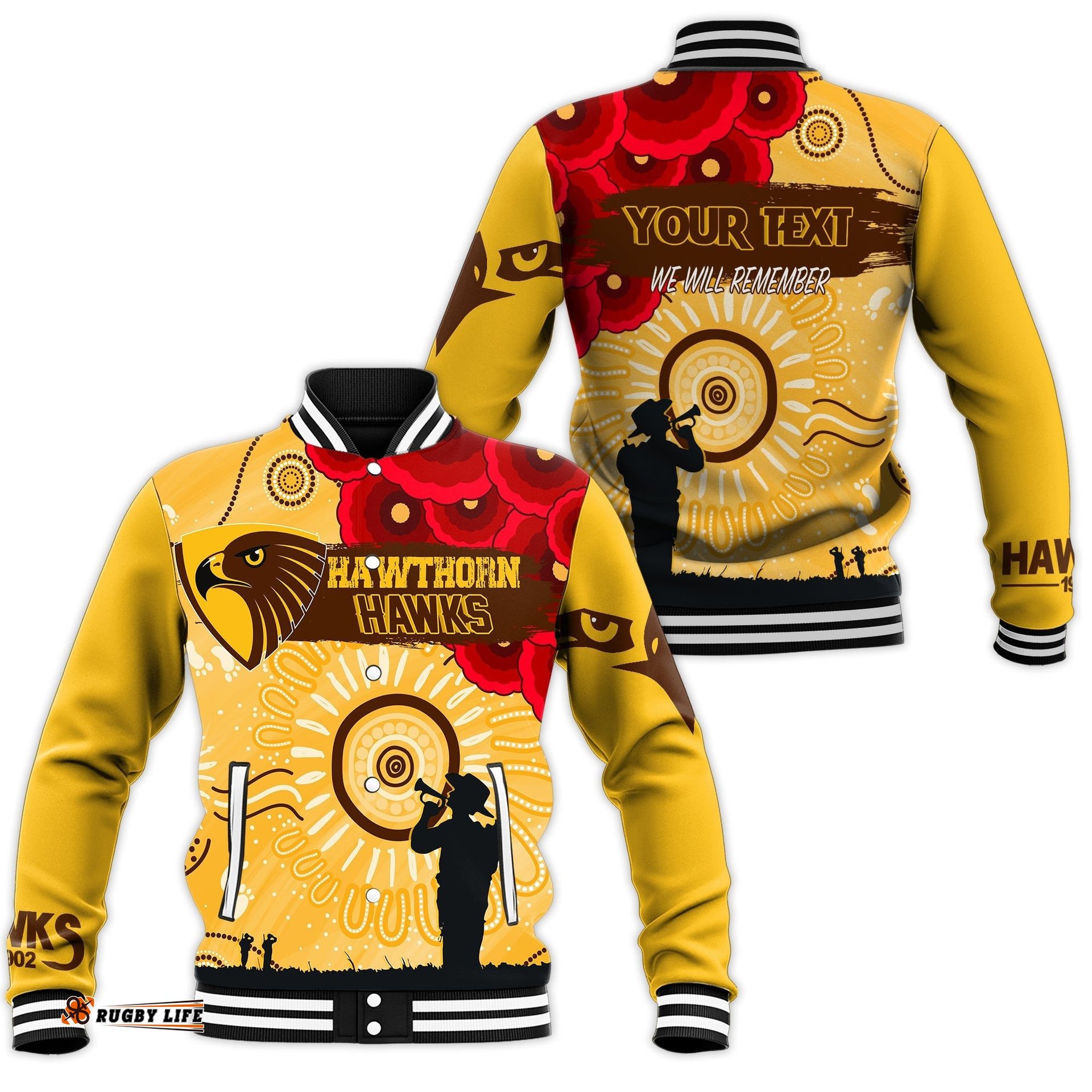 Custom Personalised Hawthorn Hawks Indigenous Anzac Day Baseball Jacket We Will Remember