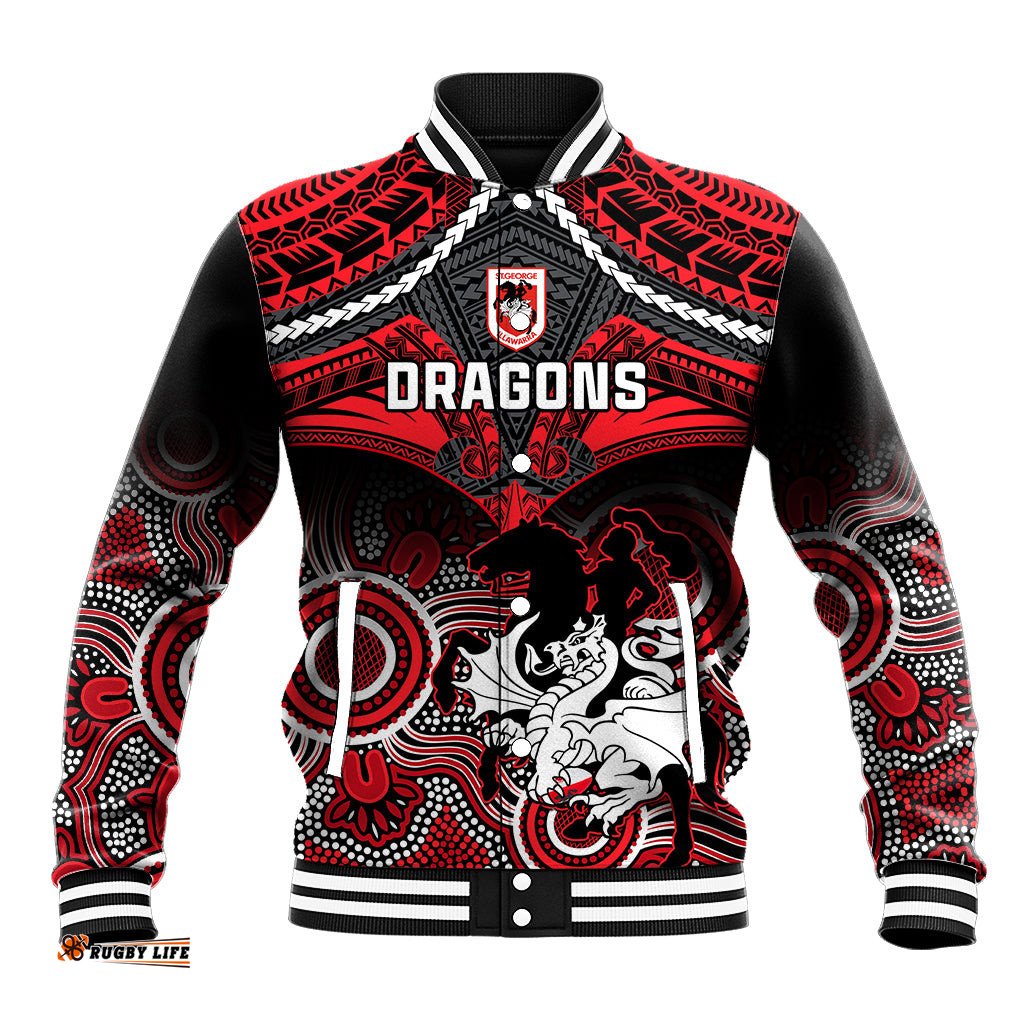 Personalised Dragons Rugby Baseball Jacket Saints 1998 Aboriginal Mix Polynesian Pattern