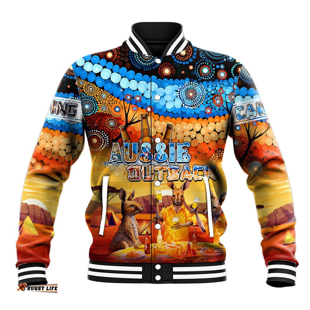 Australia Kangaroo Aboriginal Camping Baseball Jacket Aussie Outback Camping with Beer DT02