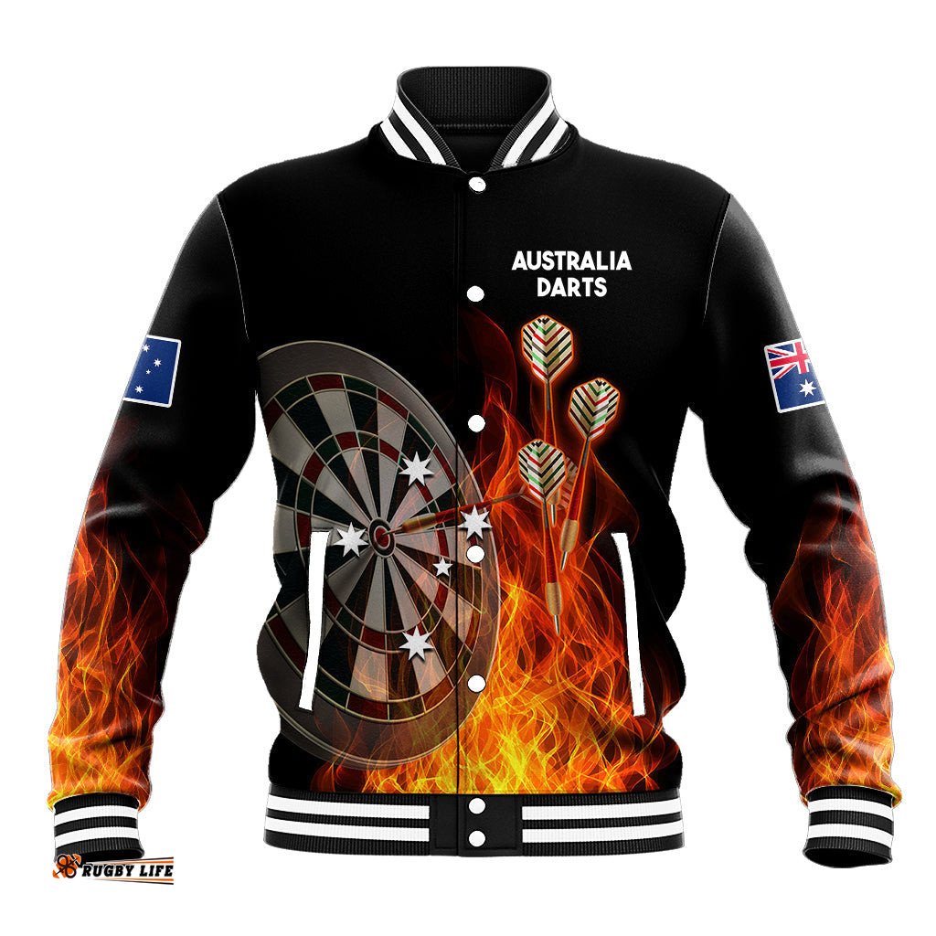 Custom Personalised Australia Darts Fire Burning Black Style Baseball Jacket