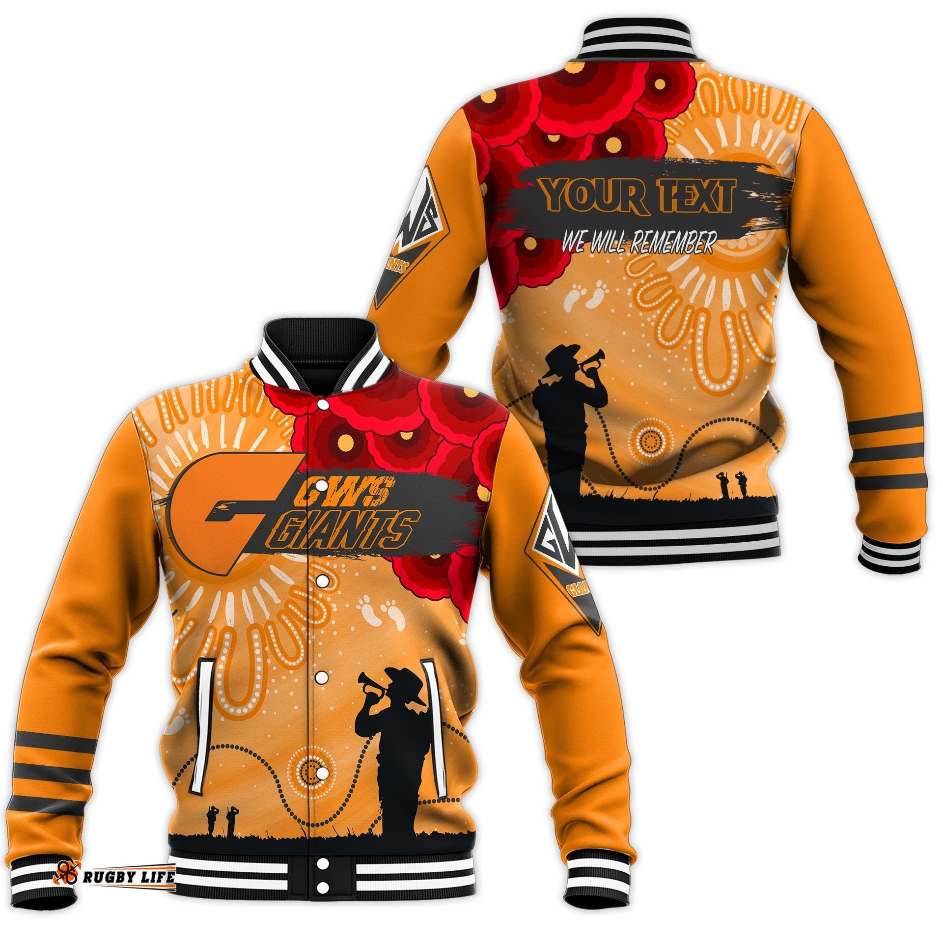Custom Personalised GWS Giants Indigenous Anzac Day Baseball Jacket We Will Remember