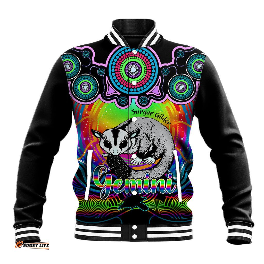 Personalised Australia Gemini Sugar Gilder Zodiac Baseball Jacket Auz Astrology Aboriginal - Rainbow