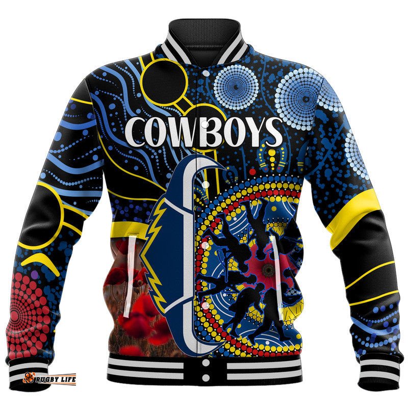 Cowboys Rugby ANZAC Baseball Jacket Aboriginal Military and Poppy Flowers