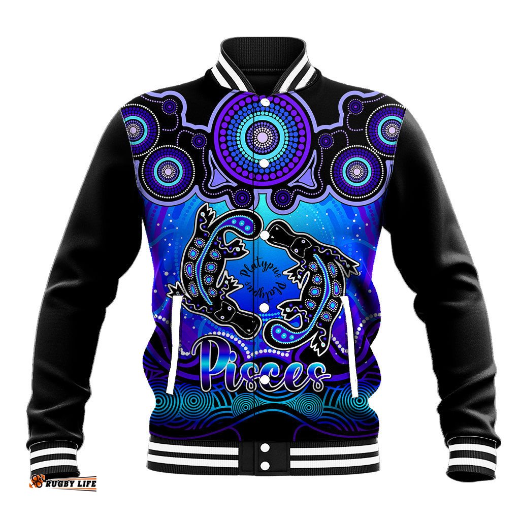 Personalised Australia Pisces Platypus Zodiac Baseball Jacket Auz Astrology Aboriginal - Blue