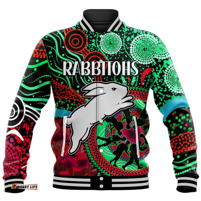 Rabbitohs Rugby ANZAC Baseball Jacket Aboriginal Military and Poppy Flowers