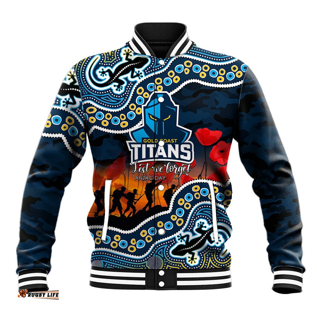 Custom Personalised Anzac Day NRL - Titans Baseball Jacket Aboriginal Lizard Patterns