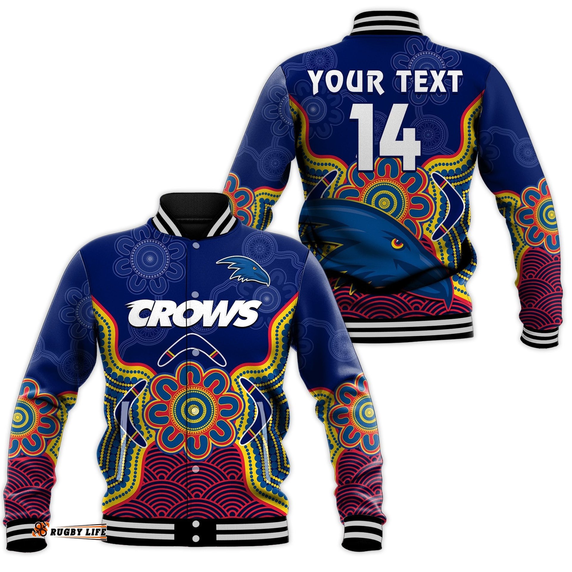 Custom Text And Number Adelaide Football Baseball Jacket Crows Aboriginal Art