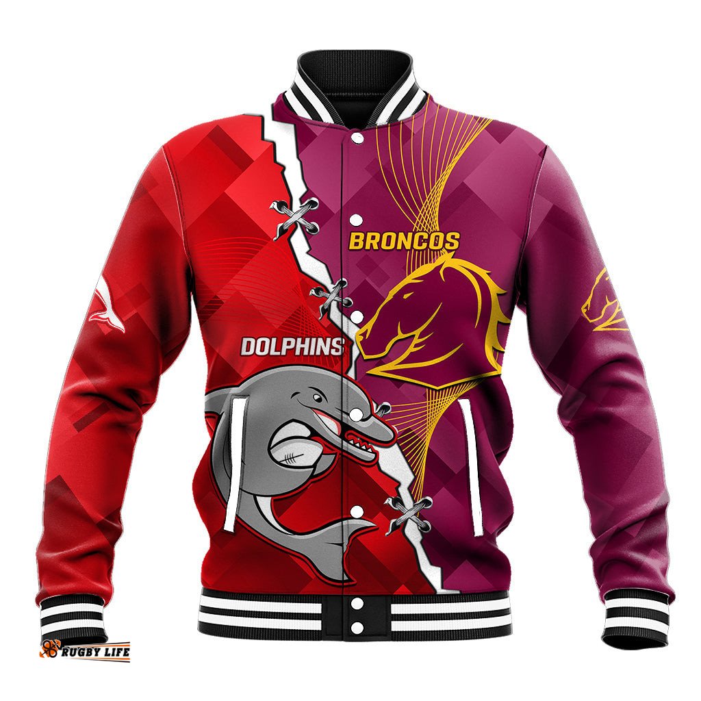 Custom Personalised Broncos Mix Dolphins Rugby Baseball Jacket Sporty Style