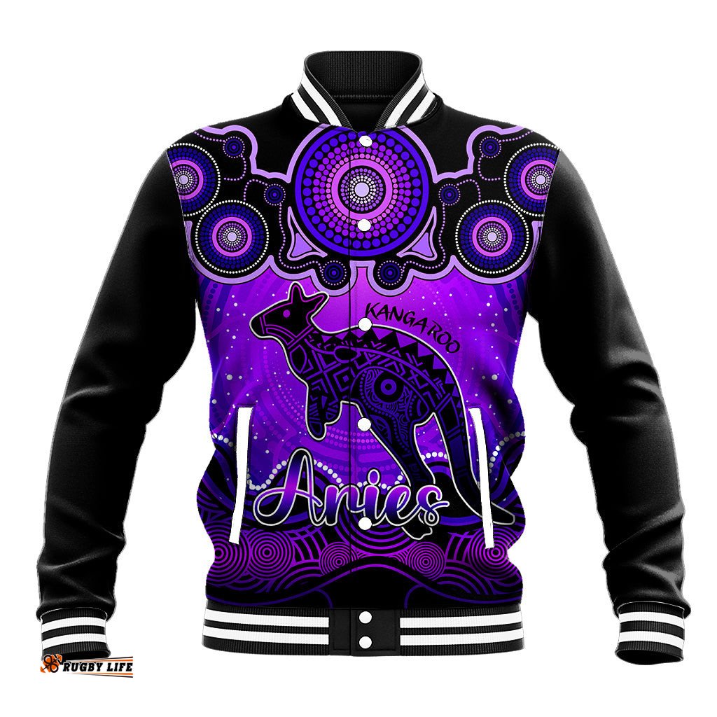 Personalised Australia Aries Kangaroo Zodiac Baseball Jacket Auz Astrology Aboriginal - Purple