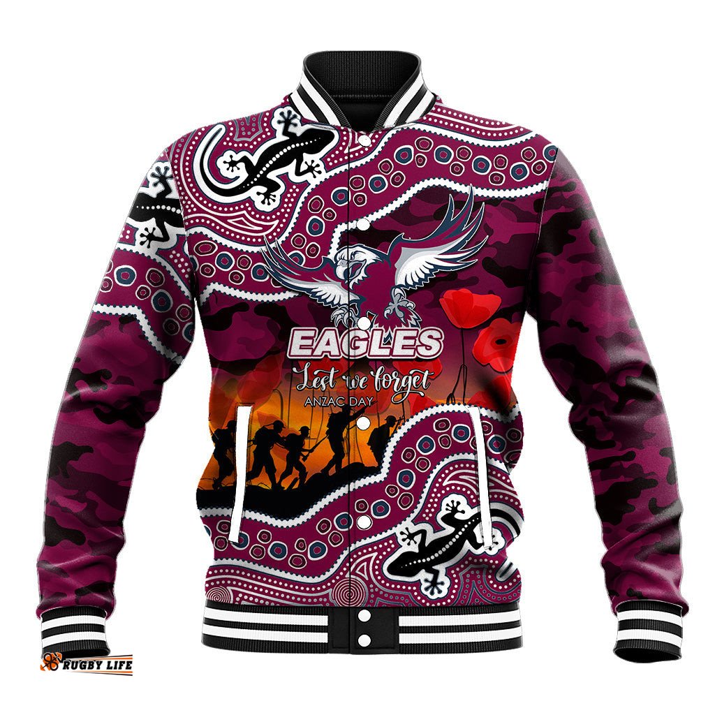 Custom Personalised Anzac Day NRL - Sea Eagles Baseball Jacket Aboriginal Lizard Patterns
