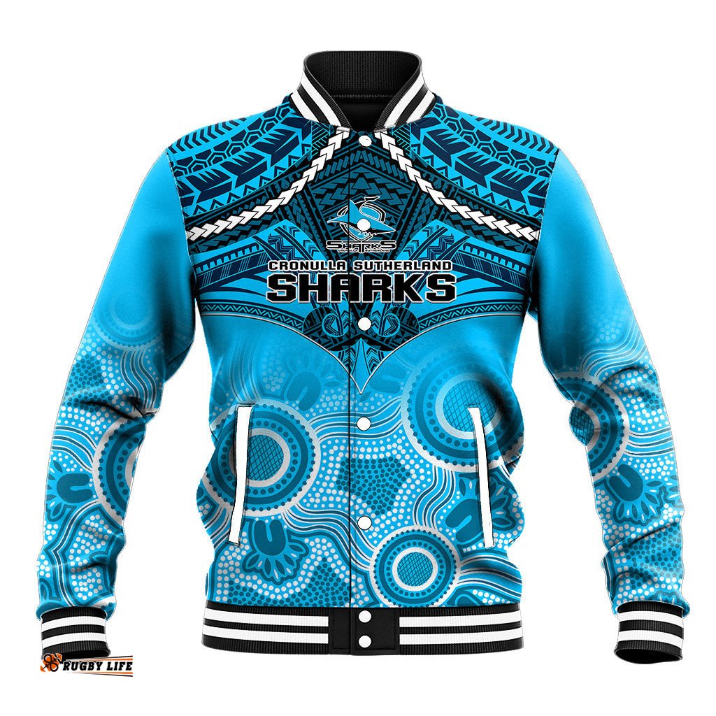 Personalised Sharks Rugby Baseball Jacket Go Sharkies Aboriginal Mix Polynesian Pattern