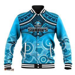 Personalised Sharks Rugby Baseball Jacket Go Sharkies Aboriginal Mix Polynesian Pattern