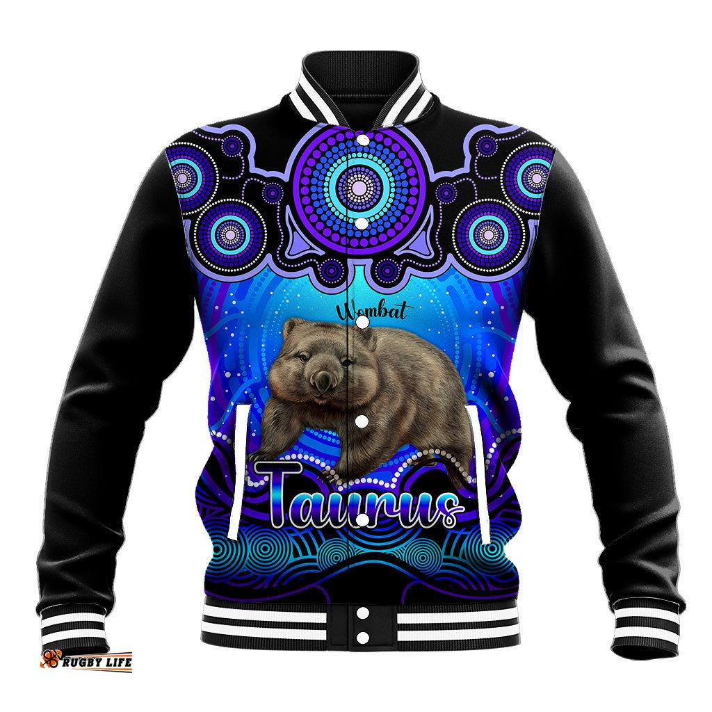 Personalised Australia Taurus Wombat Zodiac Baseball Jacket Auz Astrology Aboriginal - Blue
