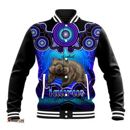 Personalised Australia Taurus Wombat Zodiac Baseball Jacket Auz Astrology Aboriginal - Blue