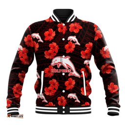 Dolphins Rugby Baseball Jacket Polynesian Style With Hibiscus