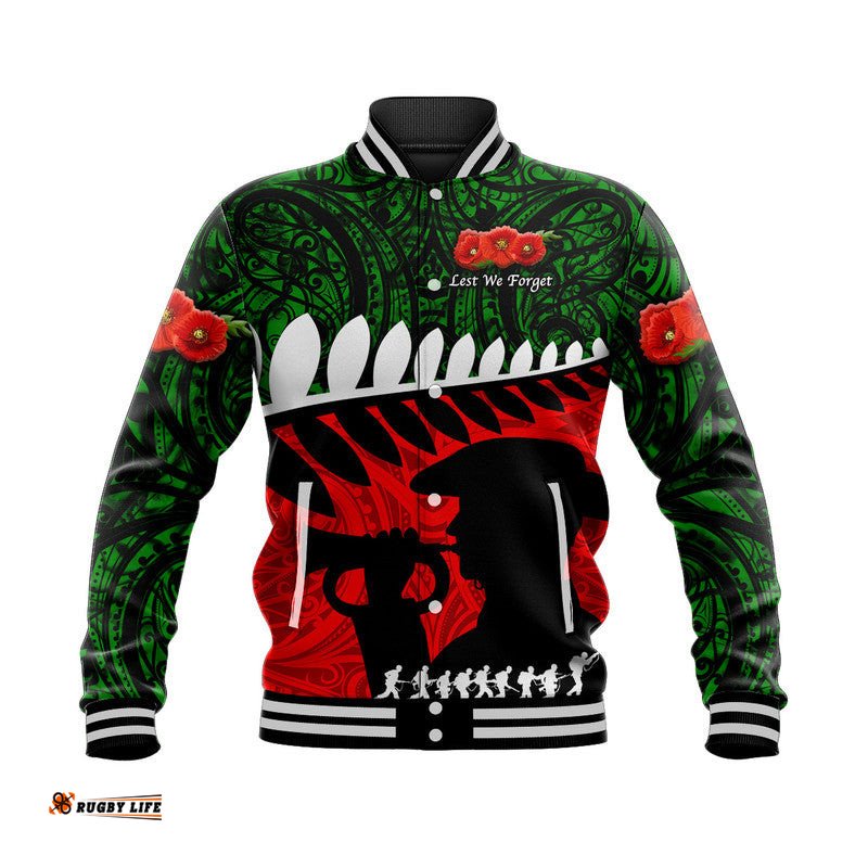 New Zealand Maori ANZAC Baseball Jacket Remembrance Soldier - Green