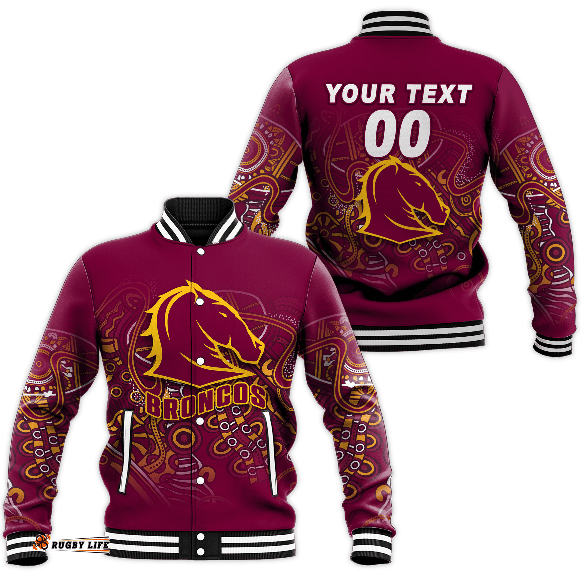 Custom Personalised Brisbane Broncos Rugby Indigenous Baseball Jacket