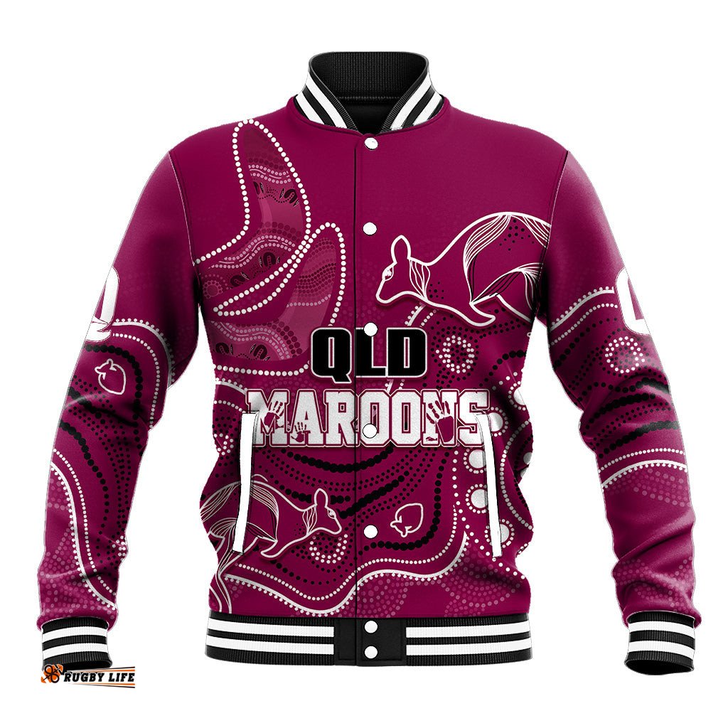 Personalised QLD Maroons Rugby Indigenous Baseball Jacket Kangaroo Mix Boomerang