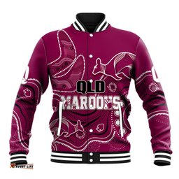 Personalised QLD Maroons Rugby Indigenous Baseball Jacket Kangaroo Mix Boomerang