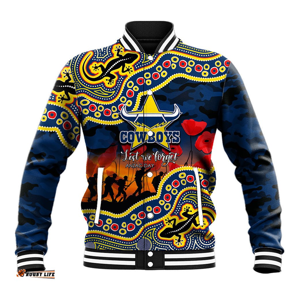 Custom Personalised Anzac Day NRL - Cowboys Baseball Jacket Aboriginal Lizard Patterns