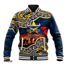Custom Personalised Anzac Day NRL - Cowboys Baseball Jacket Aboriginal Lizard Patterns