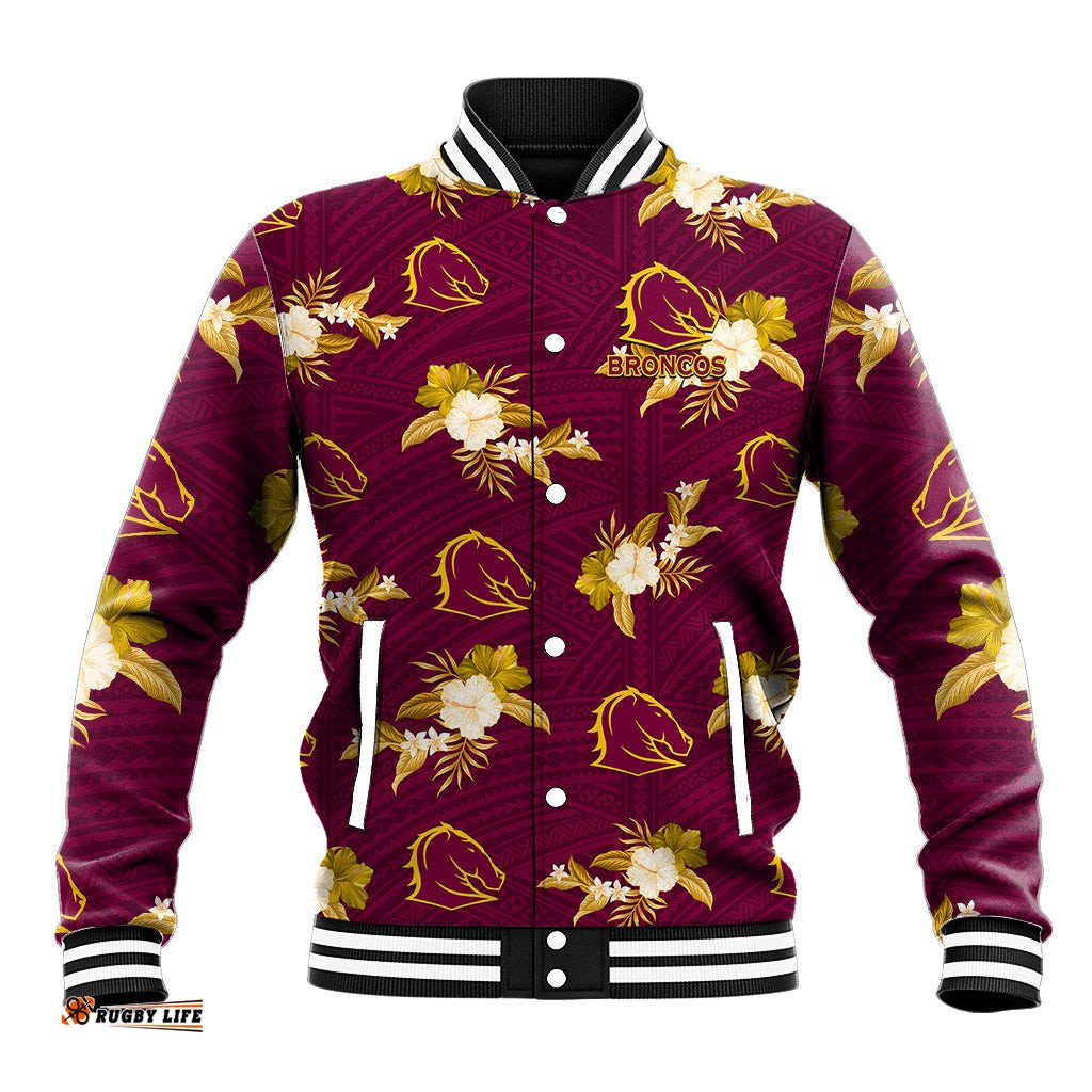 Custom Text And Number Broncos Rugby Baseball Jacket Polynesian Tribal Mix Tropical Hawaiian Style