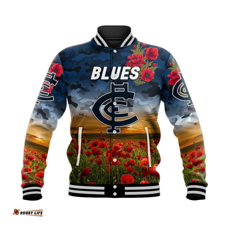 Custom Personalised Carlton Blues ANZAC Baseball Jacket Poppy Vibes